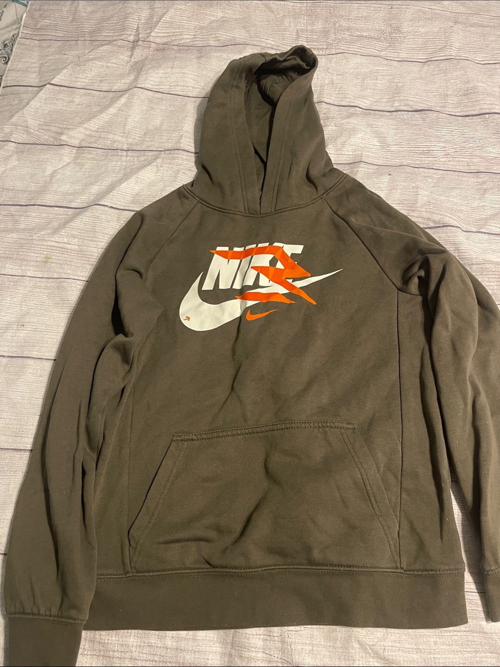 Boys L Nike Olive Hoodie with White & Orange Logo